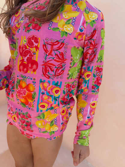 Never Fully Dressed Pink Fruit Print Sunsafe Long Sleeve Rash Vest and Swim Set image 4