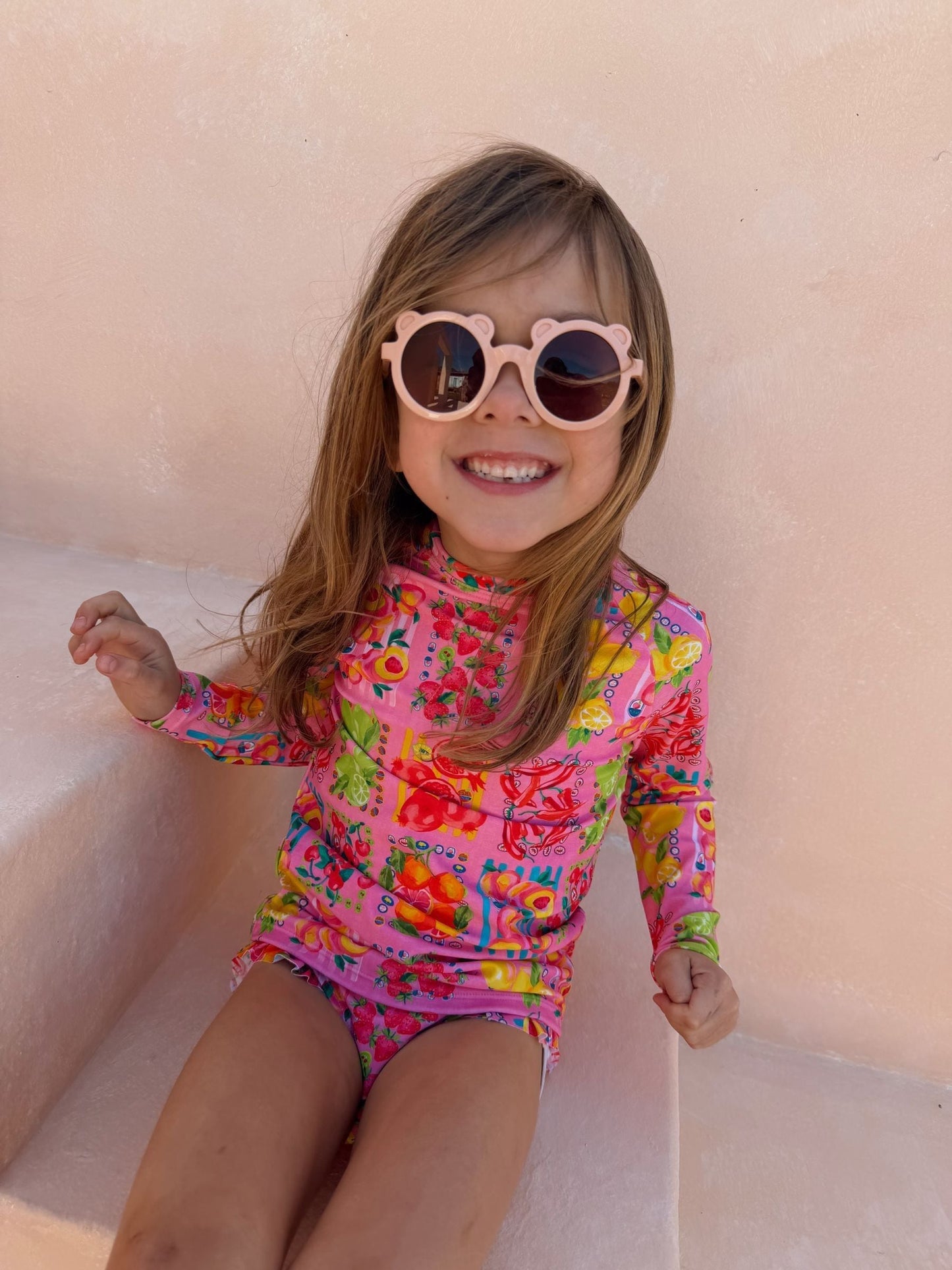 Never Fully Dressed Pink Fruit Print Sunsafe Long Sleeve Rash Vest and Swim Set image 5