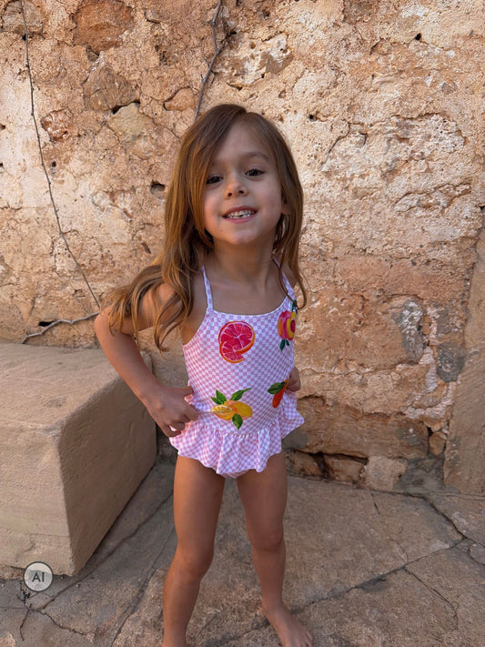 Dsiney Kidz - Never Fully Dressed Pink Check Fruit Ruffle Swimsuit image 2