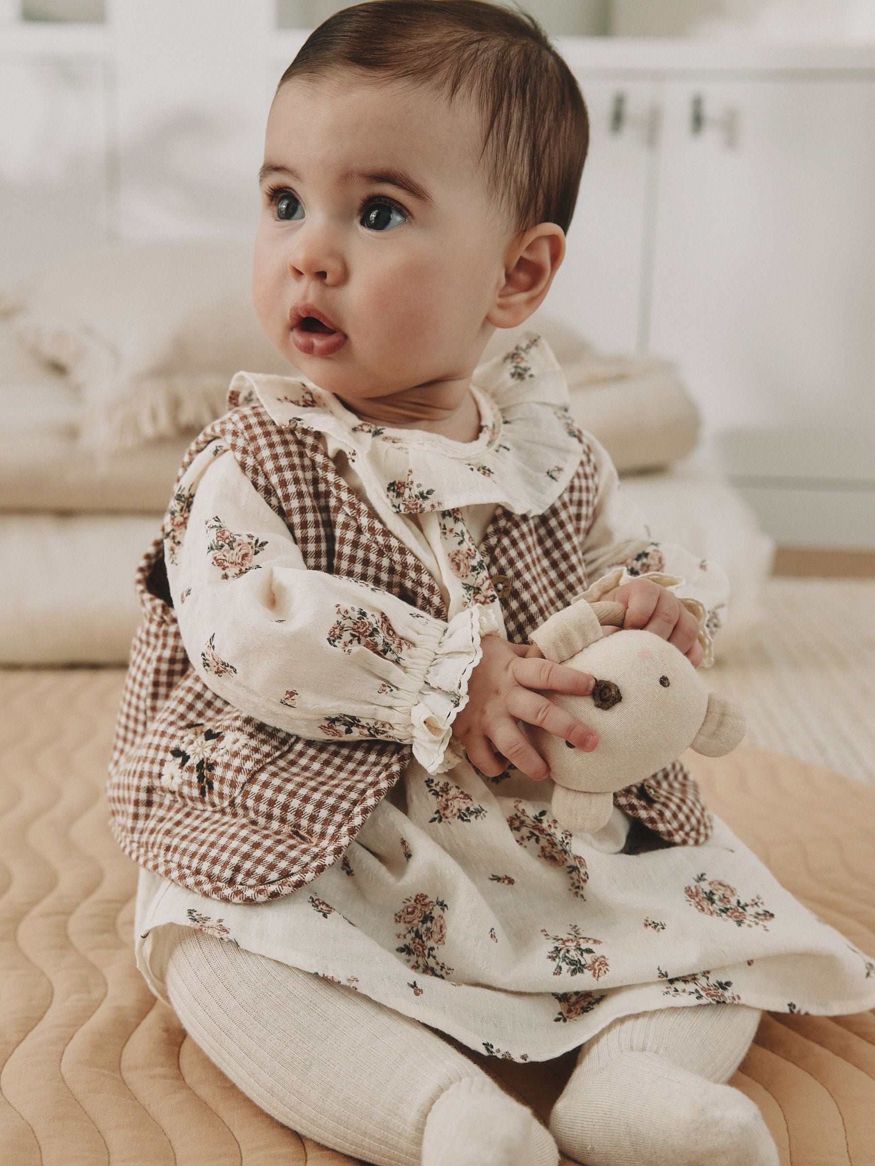 Dsiney Kidz - Ecru Floral Woven Baby Dress, Gilet And Tights 3 Piece Set (0mths-2yrs) image 1