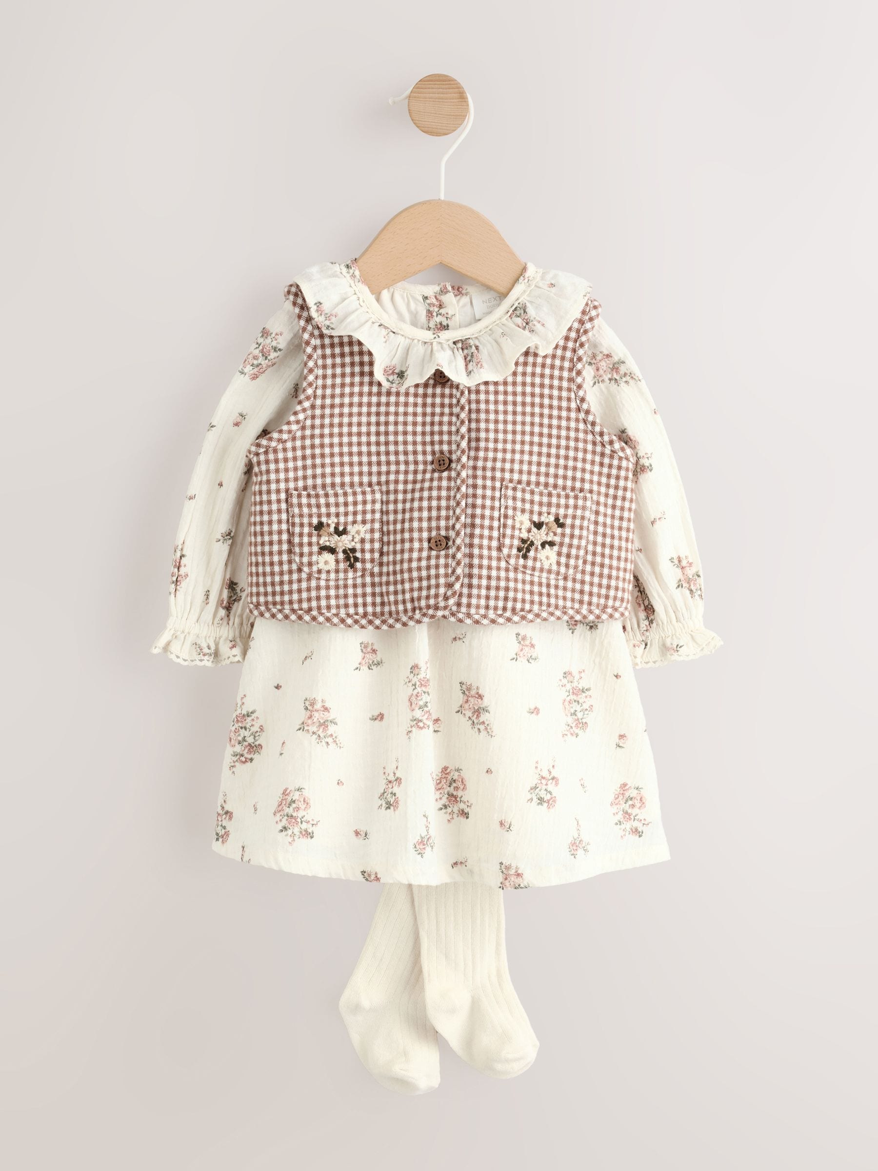 Dsiney Kidz - Ecru Floral Woven Baby Dress, Gilet And Tights 3 Piece Set (0mths-2yrs) image 4