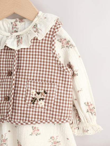 Dsiney Kidz - Ecru Floral Woven Baby Dress, Gilet And Tights 3 Piece Set (0mths-2yrs) image 7