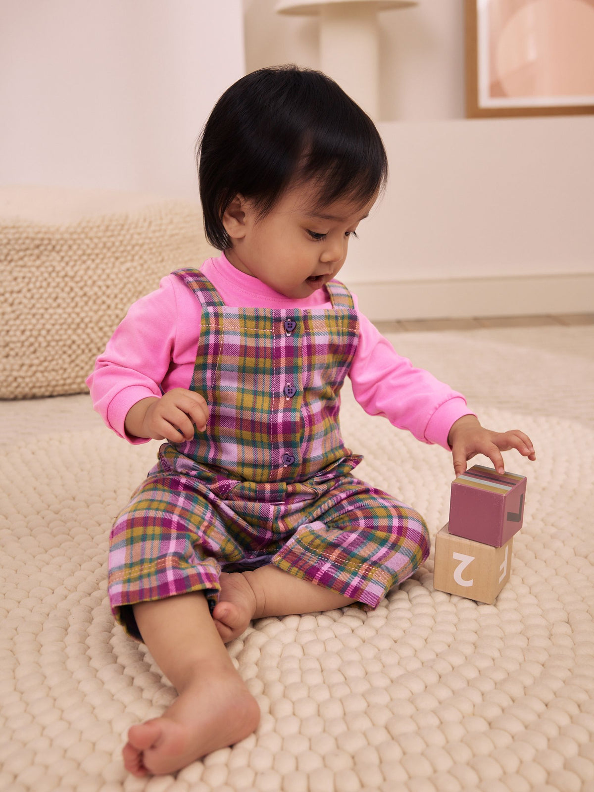 Green Check Baby Long Sleeve Bodysuit And Woven Dungaree 2 Piece Set (0mths-2yrs) image 1