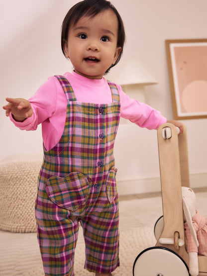 Green Check Baby Long Sleeve Bodysuit And Woven Dungaree 2 Piece Set (0mths-2yrs) image 2