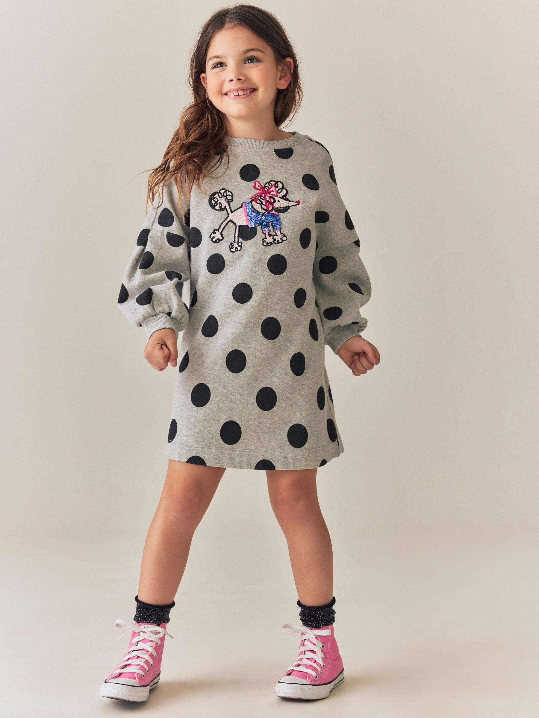 Dsiney Kidz - Grey Marl Polkadot Long Sleeve Sequin Jumper Dress (3-16yrs) image 2