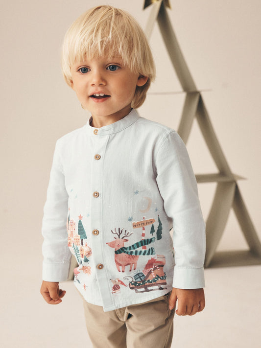 Dsiney Kidz - Light Grey Christmas Scene Long Sleeve Grandad Collar Scene Printed Shirt (3mths-10yrs) image 1