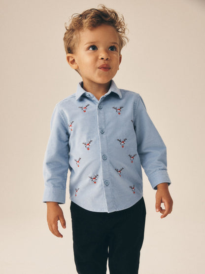 Pale Blue Long Sleeve All Over Embroidery Christmas Shirt (3mths-10yrs) - image 1