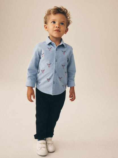 Pale Blue Long Sleeve All Over Embroidery Christmas Shirt (3mths-10yrs) - image 2