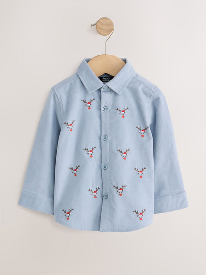Pale Blue Long Sleeve All Over Embroidery Christmas Shirt (3mths-10yrs) - image 5