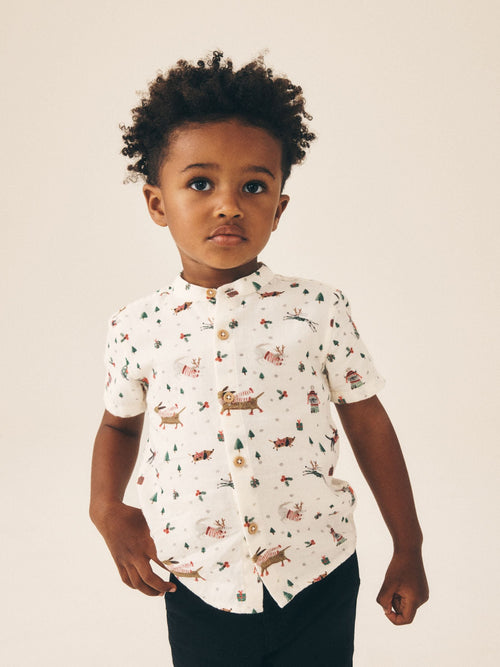 Dsiney Kidz - Ecru White Short Sleeve Grandad Collar Christmas Shirt (3mths-10yrs) image 1