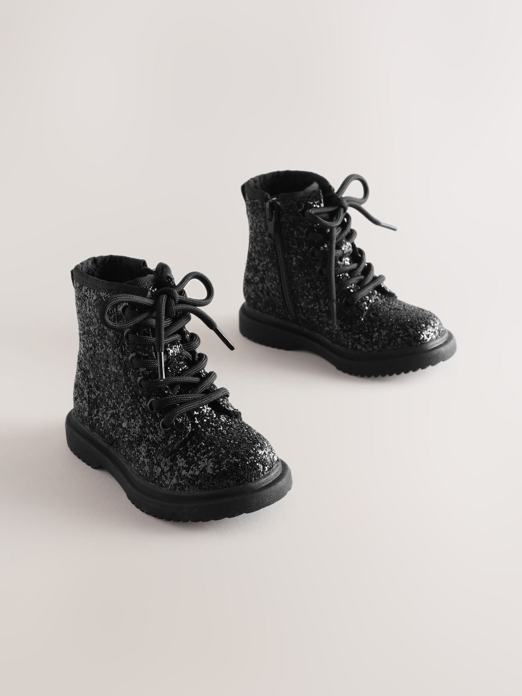 Black Glitter Wide Fit (G) Lace Up Ankle Boots image 2