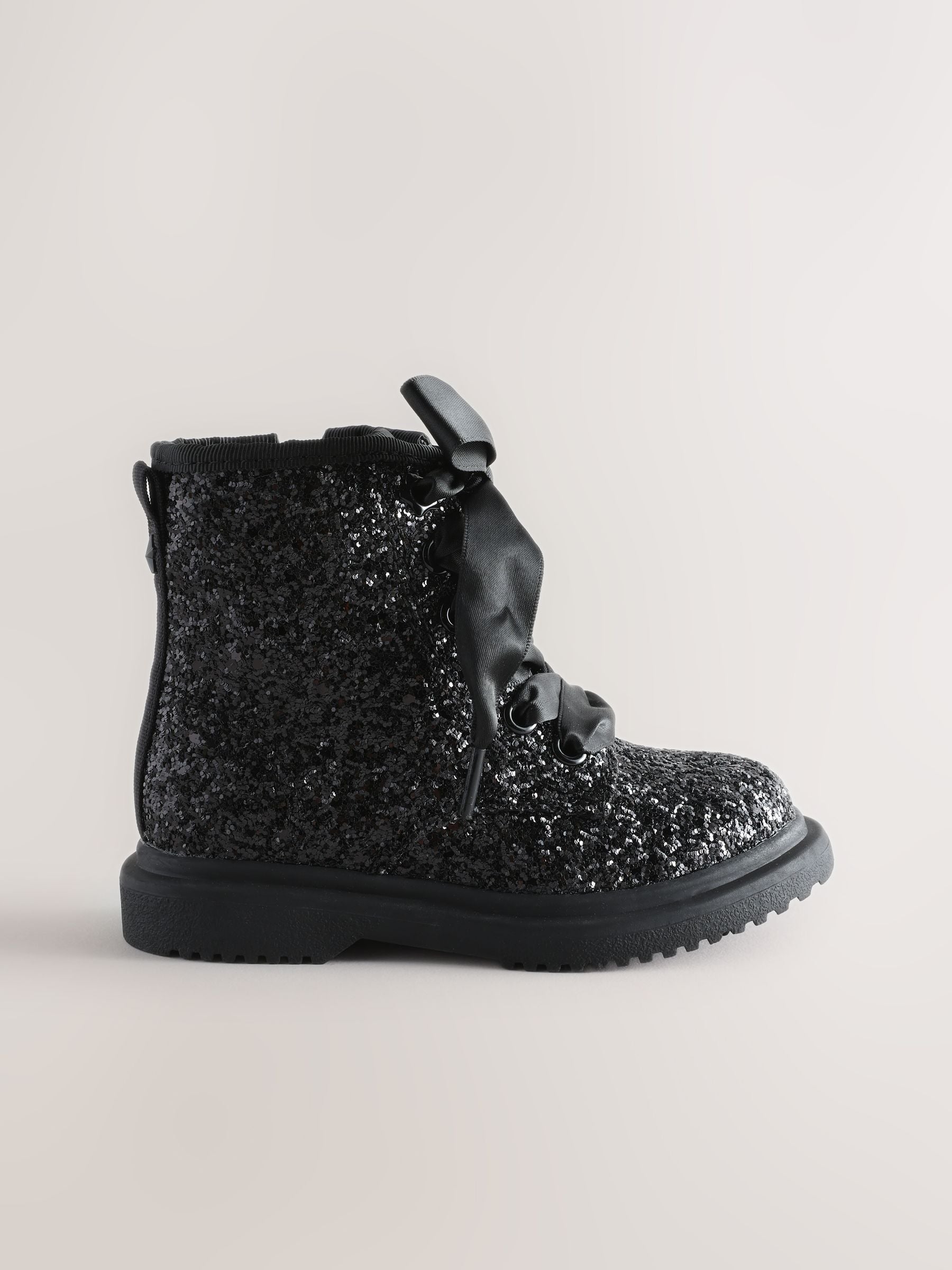 Black Glitter Wide Fit (G) Lace Up Ankle Boots image 3