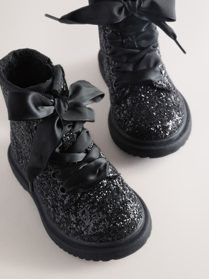 Black Glitter Wide Fit (G) Lace Up Ankle Boots image 4