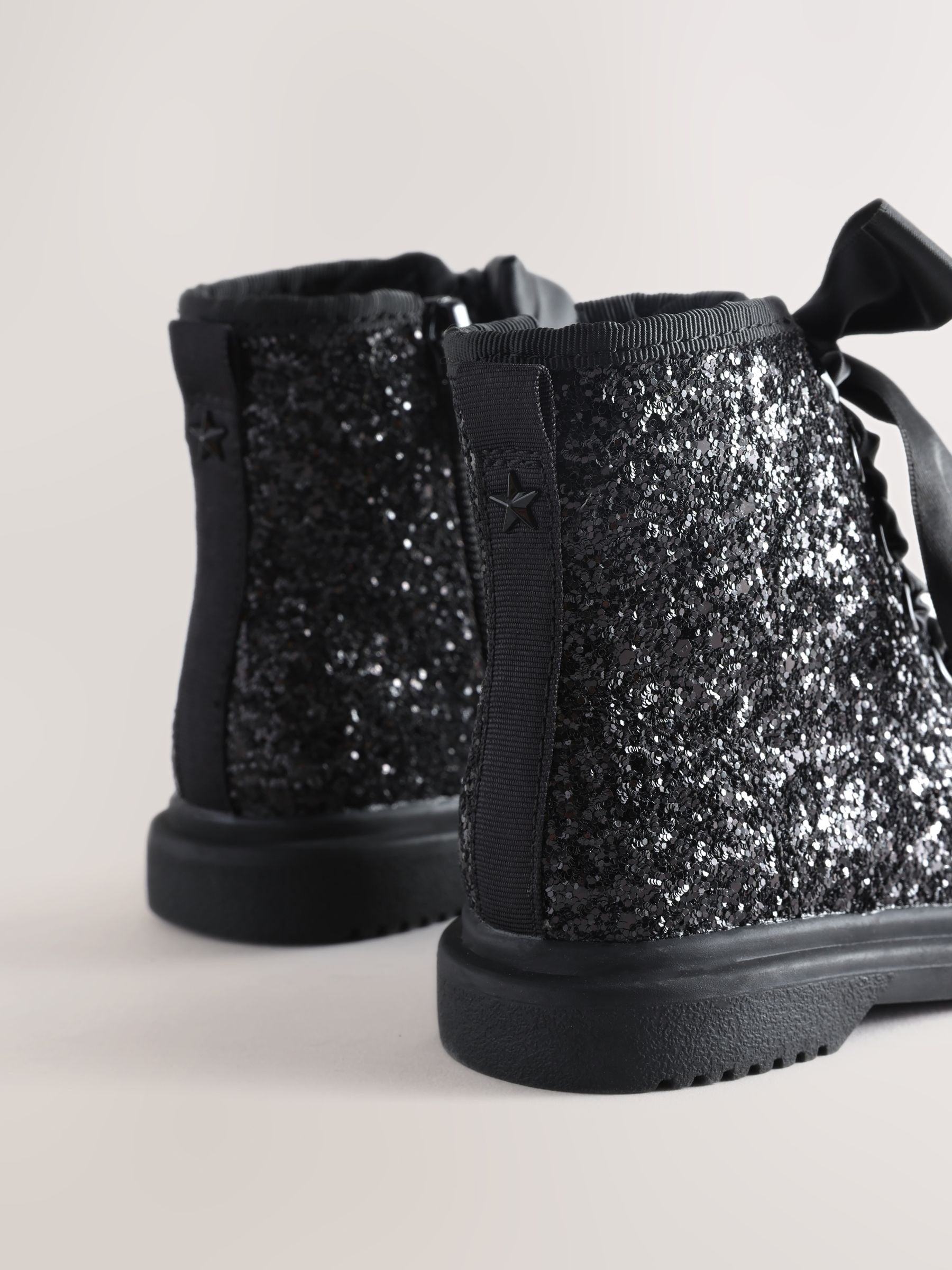 Black Glitter Wide Fit (G) Lace Up Ankle Boots image 5