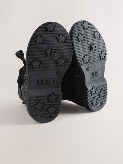 Black Glitter Wide Fit (G) Lace Up Ankle Boots image 6