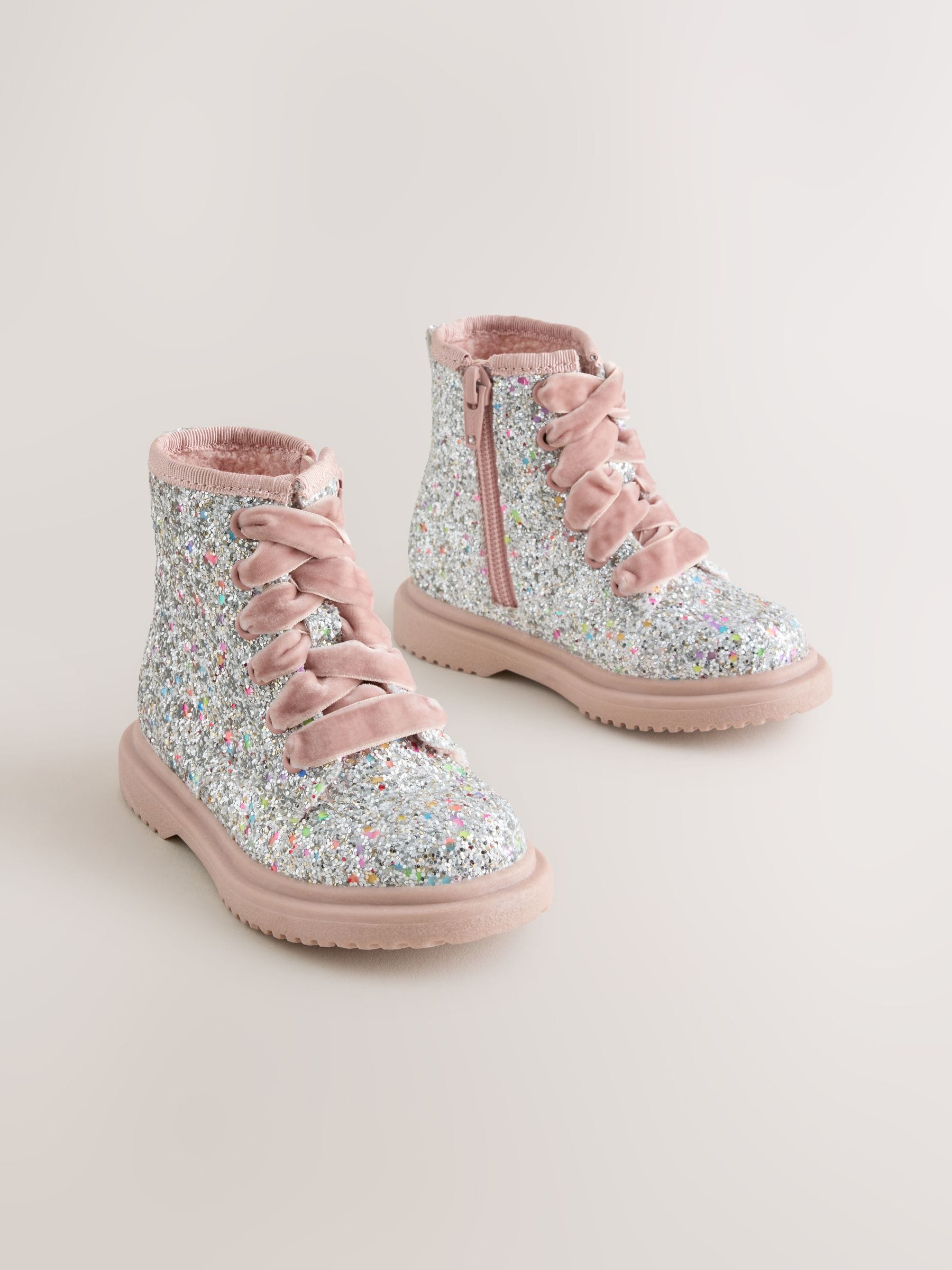 Silver/Pink Glitter Wide Fit (G) Lace Up Ankle Boots image 1
