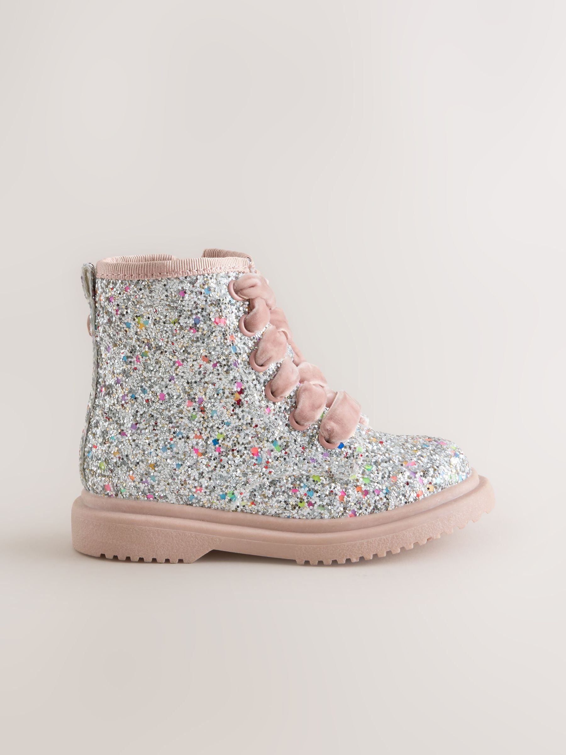 Silver/Pink Glitter Wide Fit (G) Lace Up Ankle Boots image 2