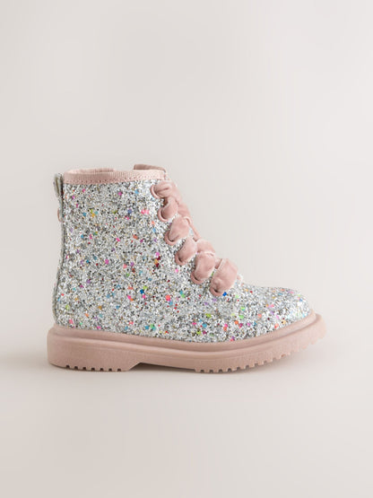 Silver/Pink Glitter Wide Fit (G) Lace Up Ankle Boots image 2