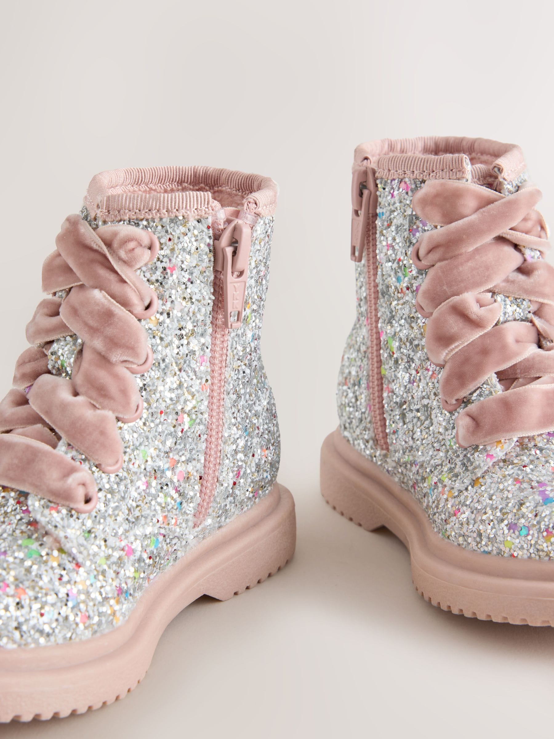 Silver/Pink Glitter Wide Fit (G) Lace Up Ankle Boots image 4