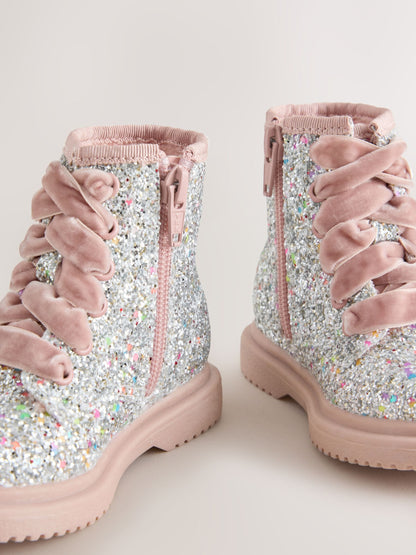 Silver/Pink Glitter Wide Fit (G) Lace Up Ankle Boots image 4