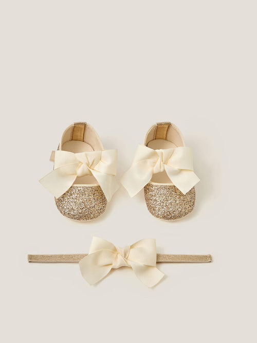 Dsiney Kidz - Monsoon Gold Baby Bow Glitter Headband & Booties Set image 1