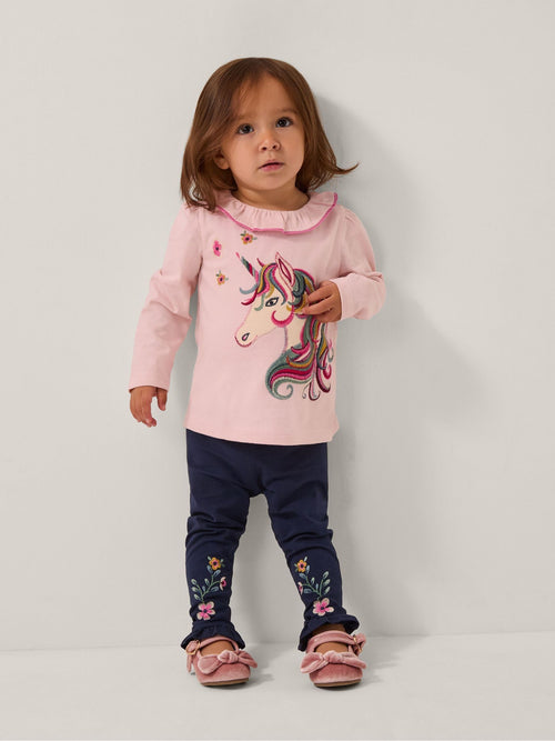 Monsoon Pink Baby Unicorn Top & Floral Leggings Set image 1