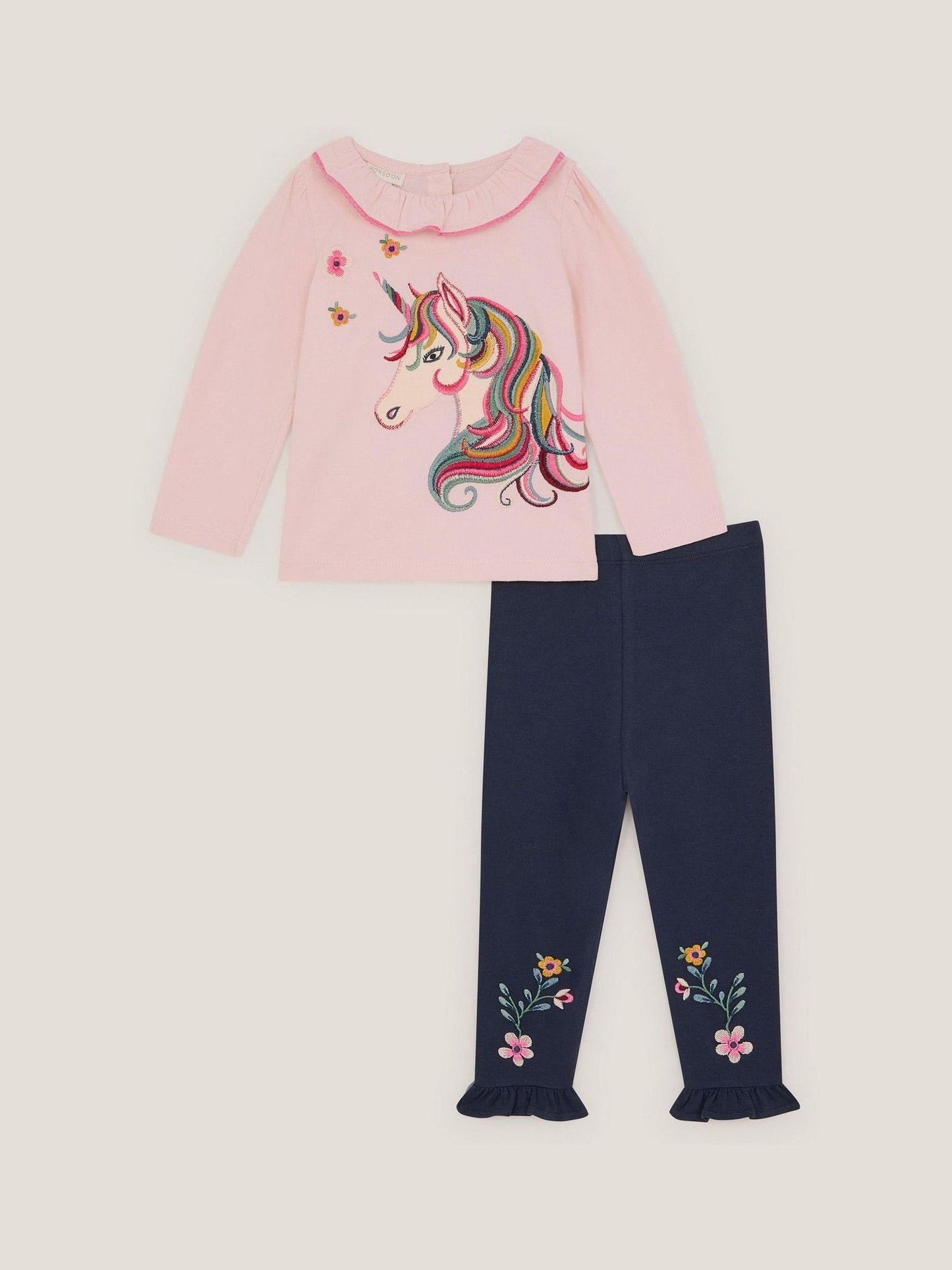 Monsoon Pink Baby Unicorn Top & Floral Leggings Set image 2