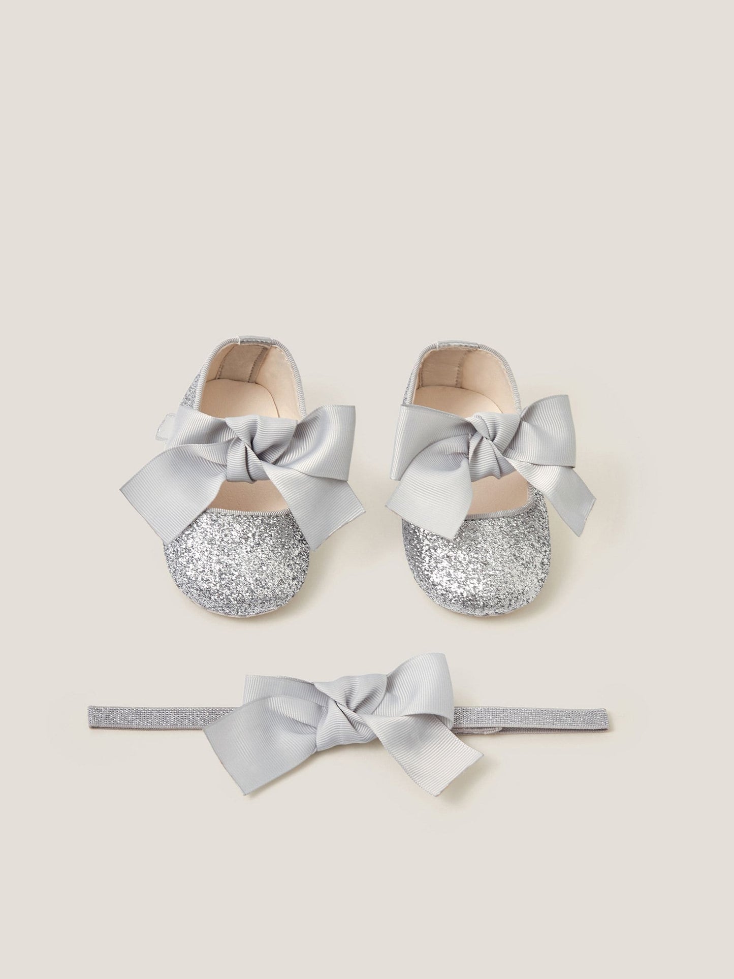 Monsoon Silver Baby Bow Glitter Headband & Booties Set image 1