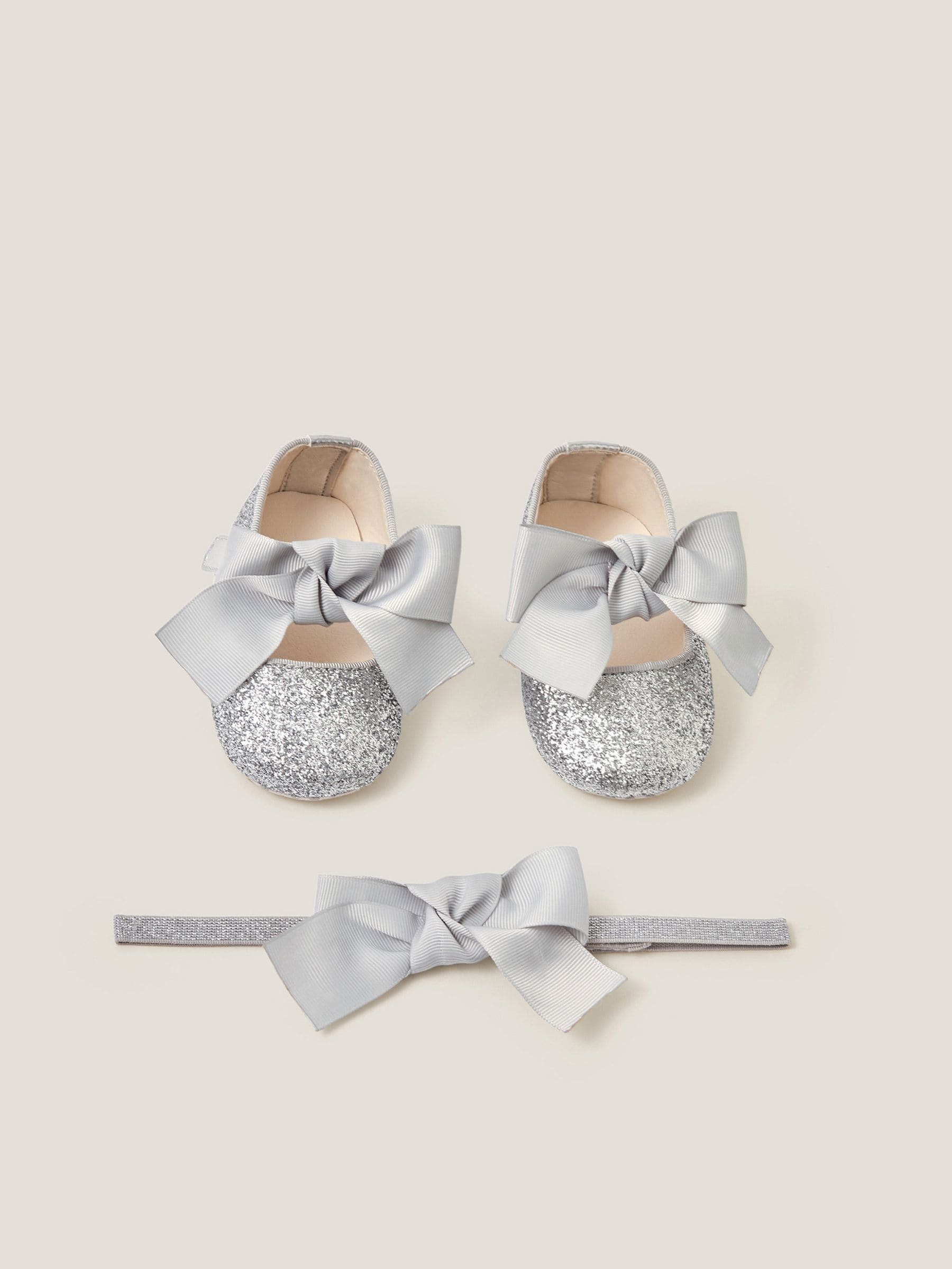Monsoon Silver Baby Bow Glitter Headband & Booties Set image 1