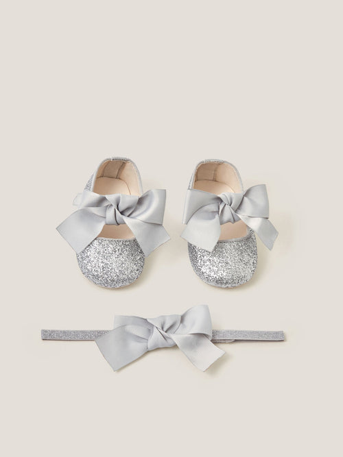Monsoon Silver Baby Bow Glitter Headband & Booties Set image 1