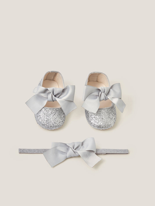 Monsoon Silver Baby Bow Glitter Headband & Booties Set image 1