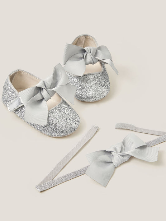 Monsoon Silver Baby Bow Glitter Headband & Booties Set image 2