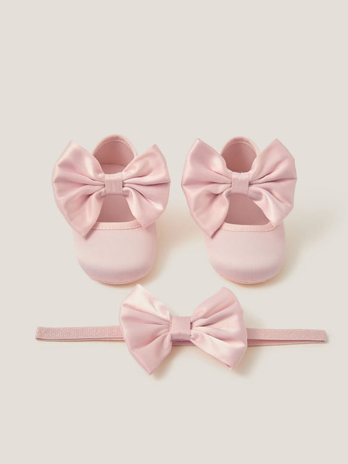 Monsoon Pink Baby Satin Bow Headband & Booties Set image 1