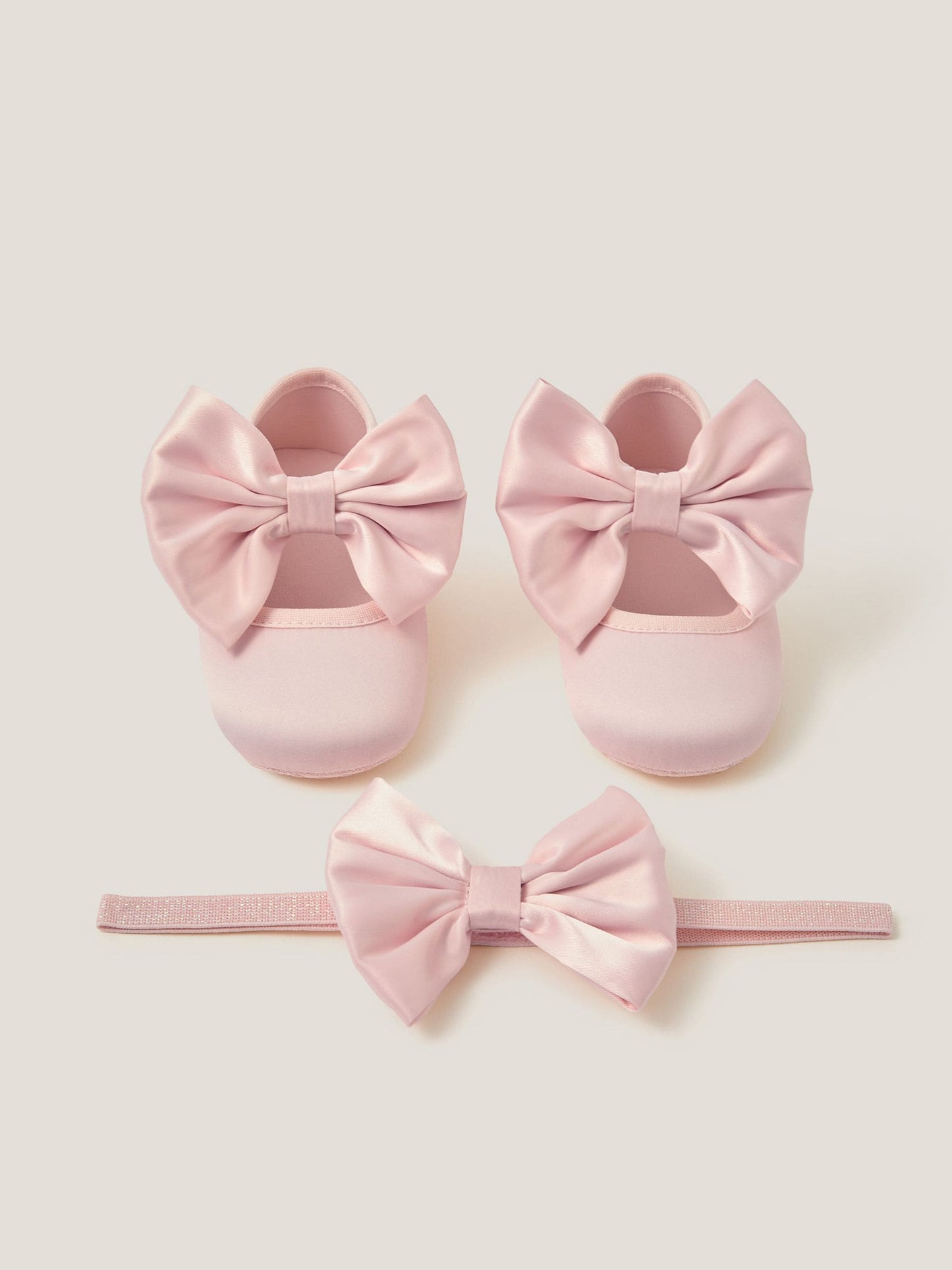Monsoon Pink Baby Satin Bow Headband & Booties Set image 1