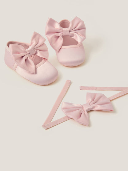 Monsoon Pink Baby Satin Bow Headband & Booties Set image 3