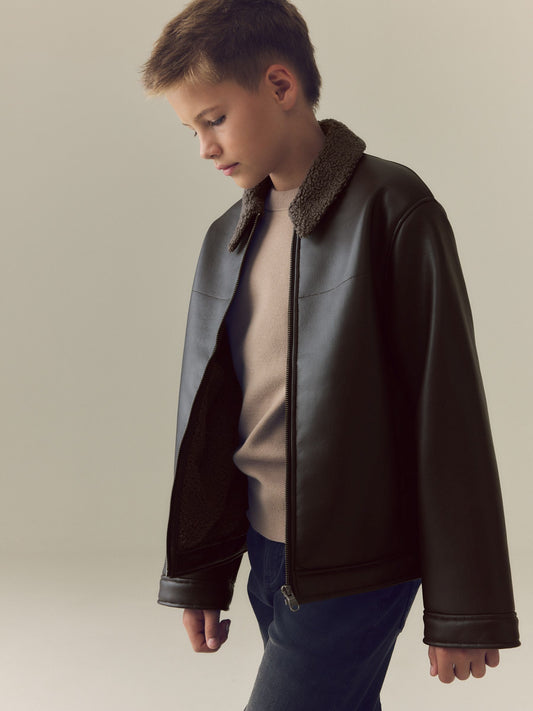 Brown Borg Collared Faux Leather Jacket (3-16yrs) - image 1