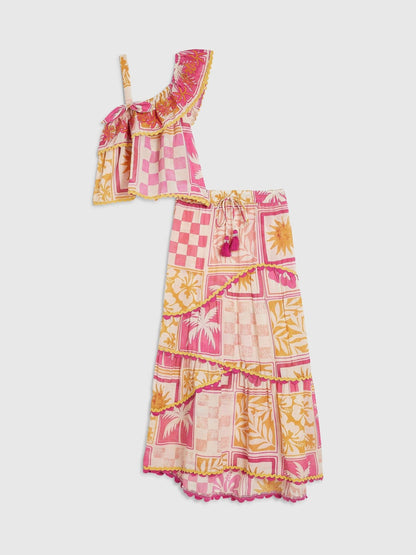Dsiney Kidz - River Island Pink Postcard Aysmmetric Top & Maxi Skirt Set image 1