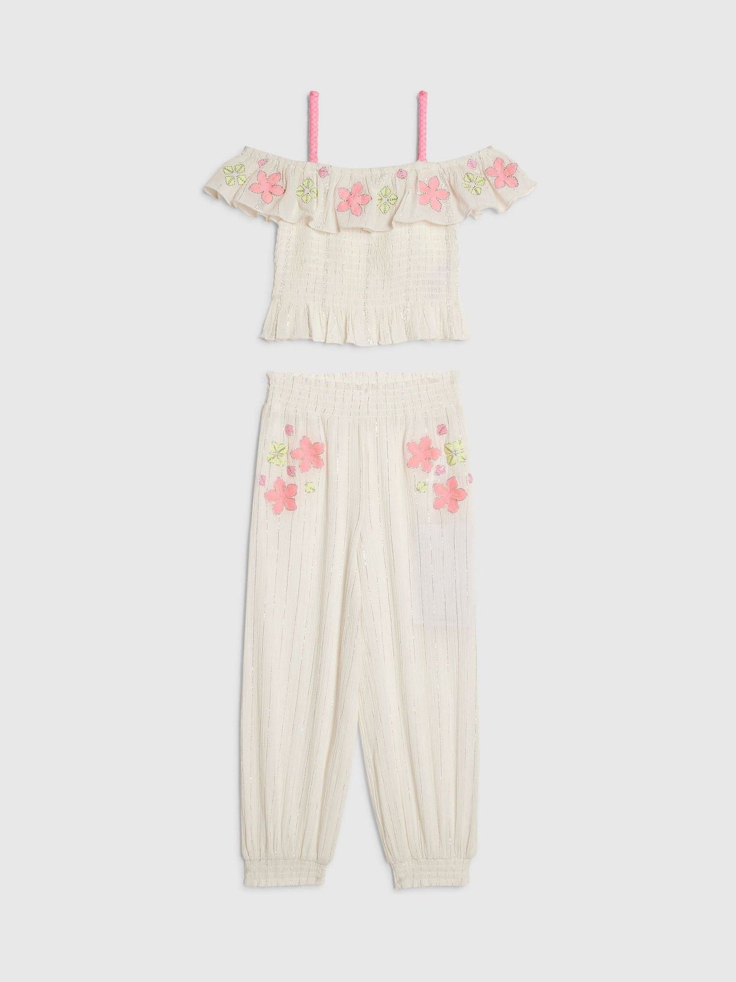 Dsiney Kidz - River Island White Neon Embrodiered Frill Top & Hareem Trousers Set image 1