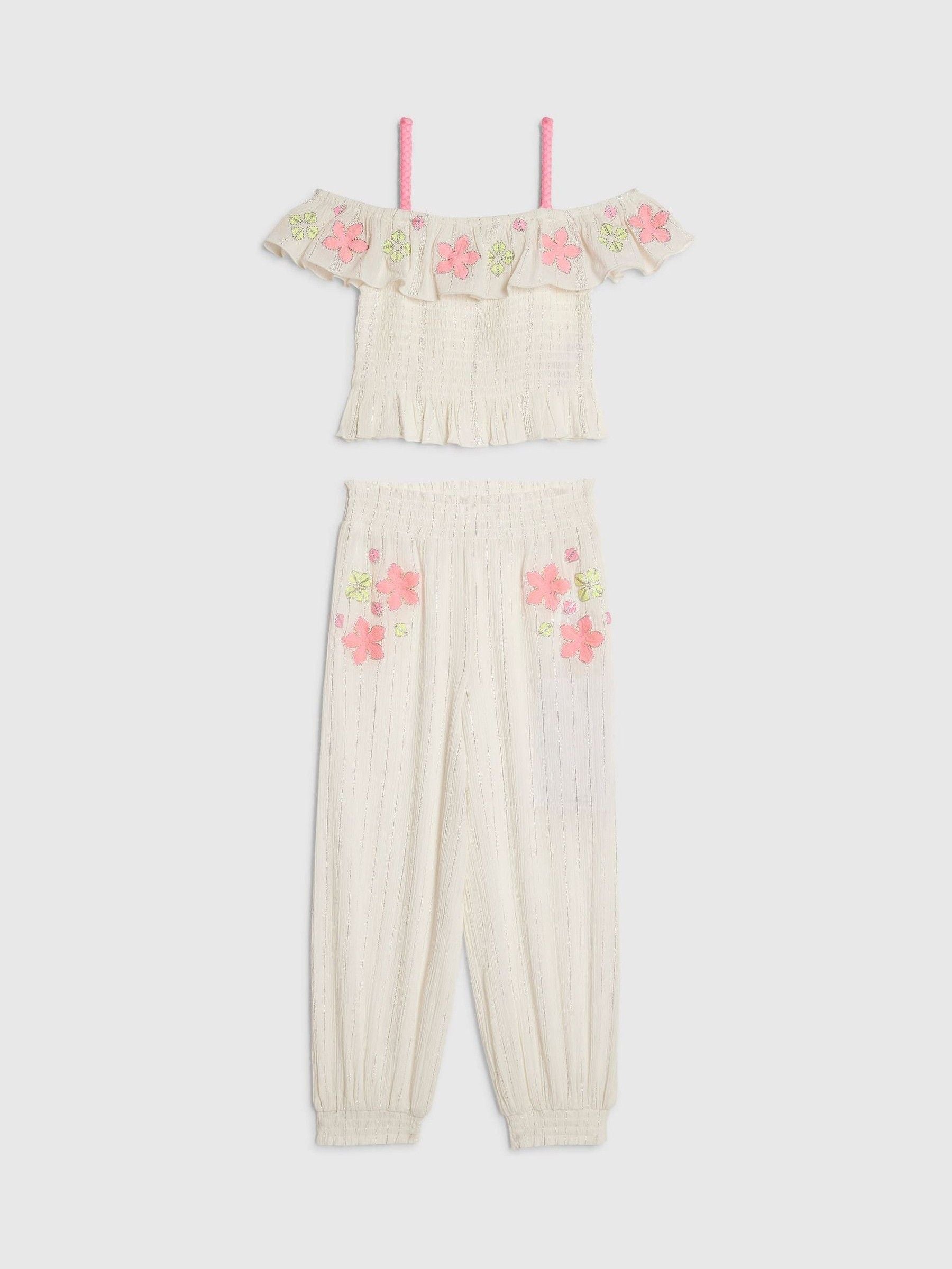 Dsiney Kidz - River Island White Neon Embrodiered Frill Top & Hareem Trousers Set image 1