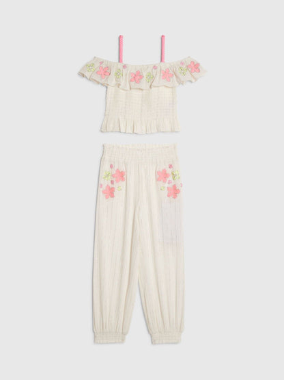 Dsiney Kidz - River Island White Neon Embrodiered Frill Top & Hareem Trousers Set image 1