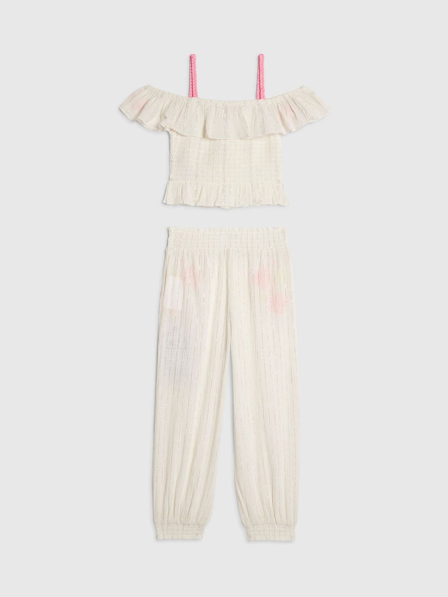 Dsiney Kidz - River Island White Neon Embrodiered Frill Top & Hareem Trousers Set image 2