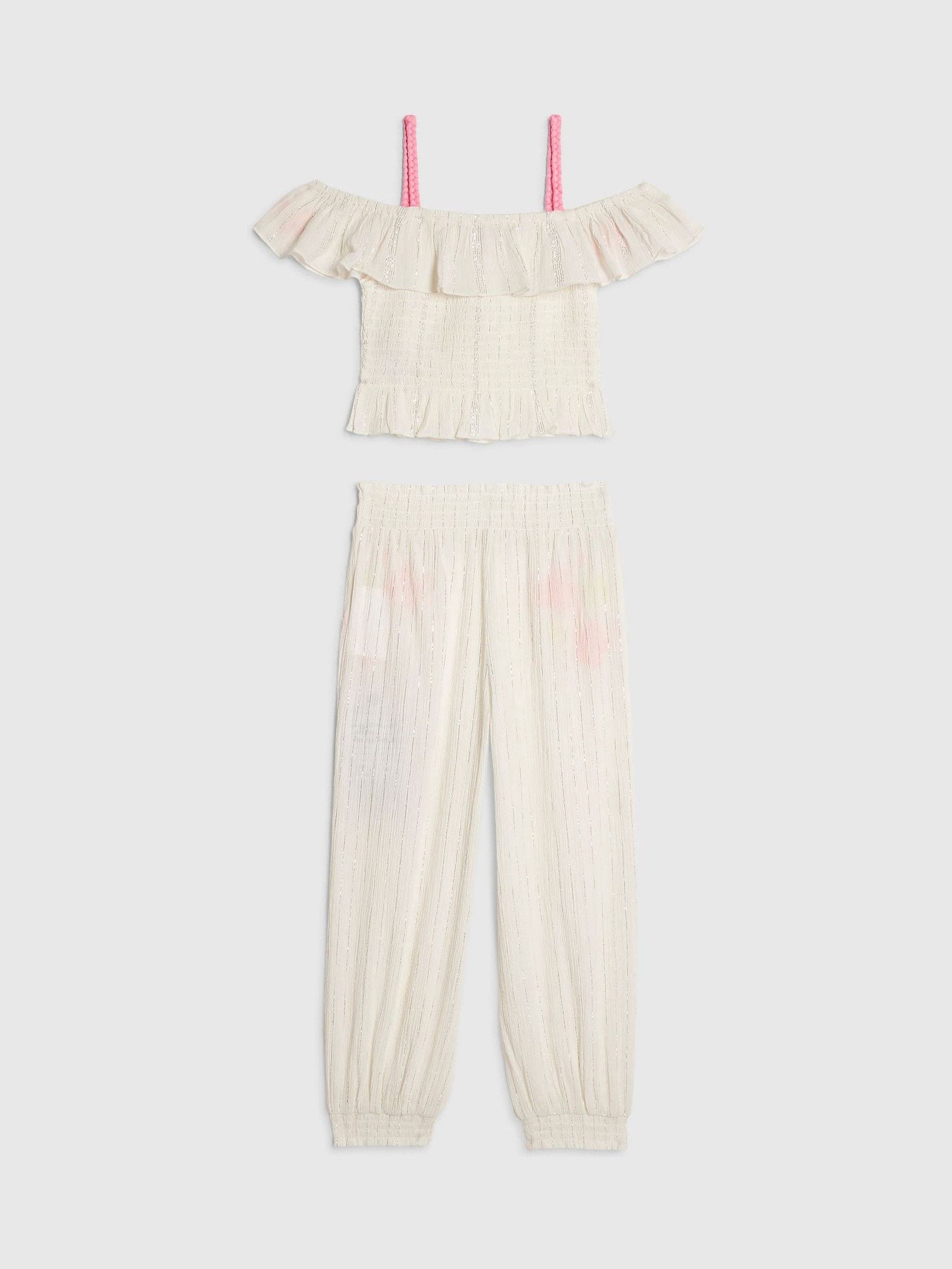 Dsiney Kidz - River Island White Neon Embrodiered Frill Top & Hareem Trousers Set image 2