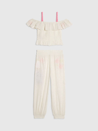 Dsiney Kidz - River Island White Neon Embrodiered Frill Top & Hareem Trousers Set image 2
