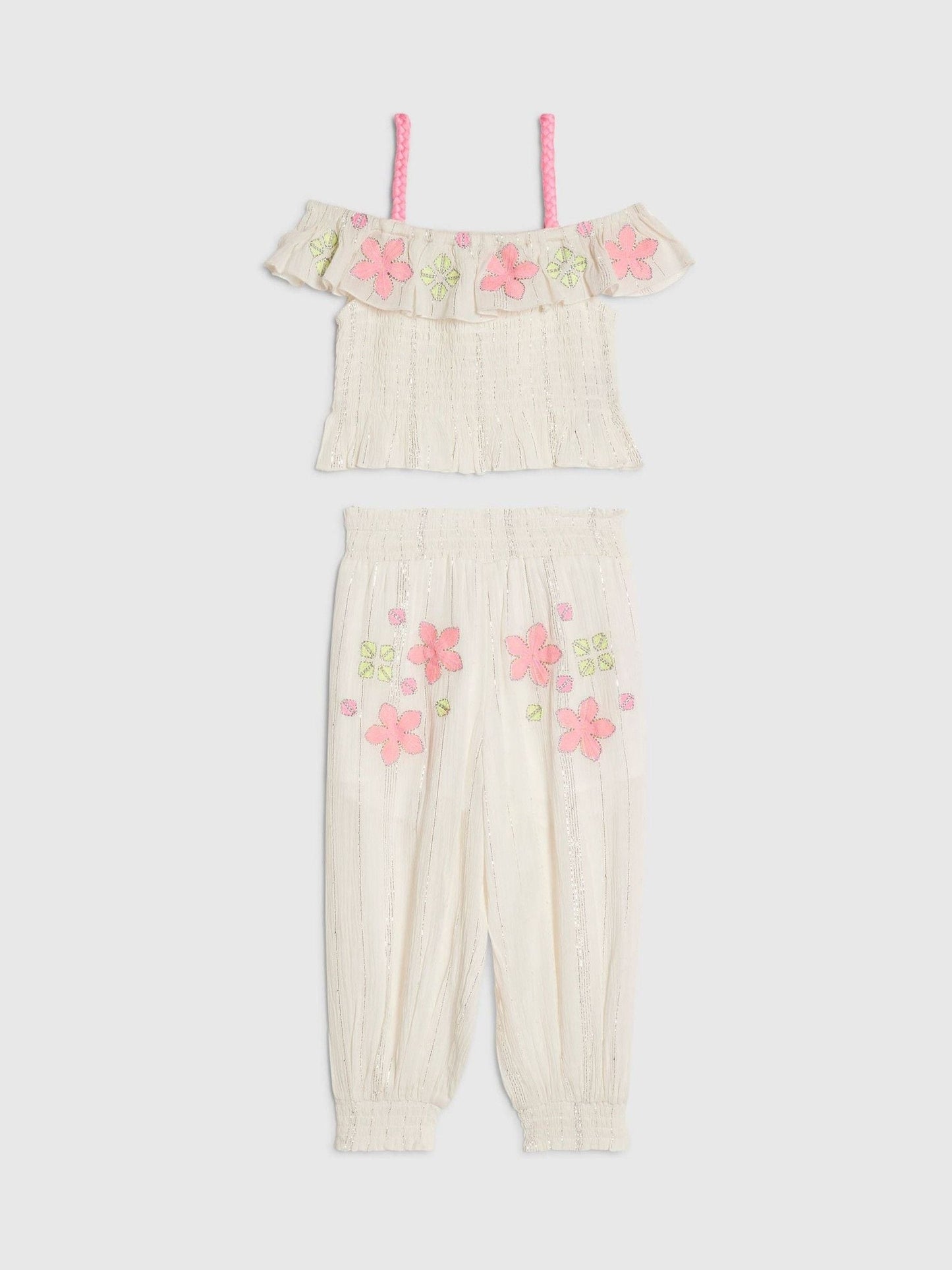 River Island Cream Neon Embrodierred Frill Top & Hareem Jogger Set image 1