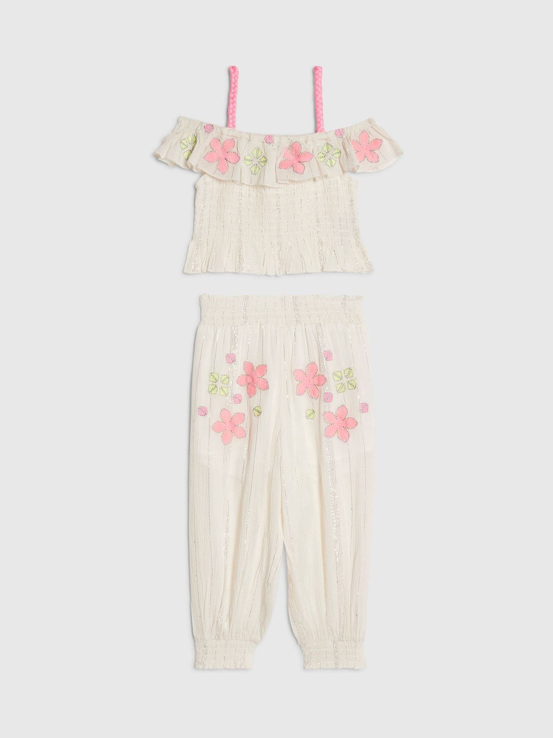 River Island Cream Neon Embrodierred Frill Top & Hareem Jogger Set image 1