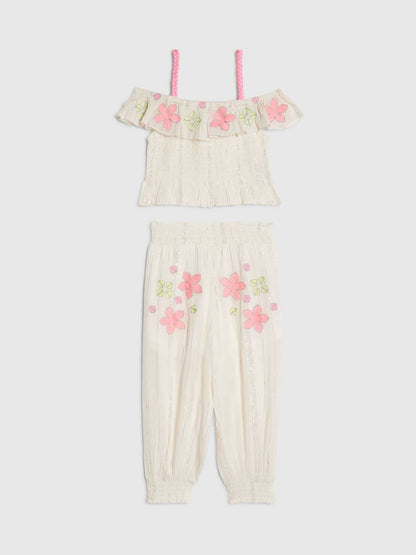 River Island Cream Neon Embrodierred Frill Top & Hareem Jogger Set image 1