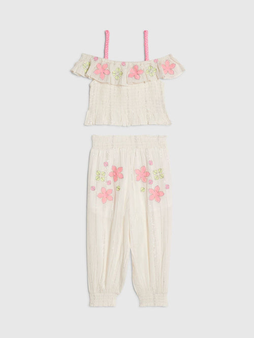 Dsiney Kidz - River Island Cream Neon Embrodierred Frill Top & Hareem Jogger Set image 1