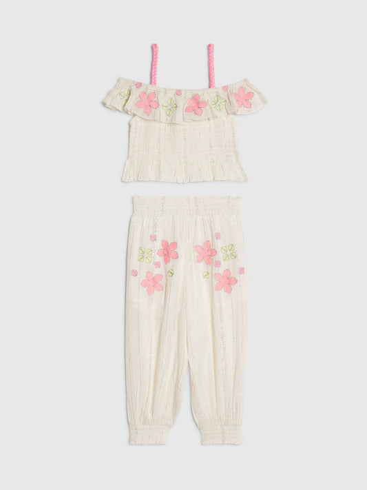 River Island Cream Neon Embrodierred Frill Top & Hareem Jogger Set image 1