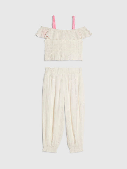 River Island Cream Neon Embrodierred Frill Top & Hareem Jogger Set image 2