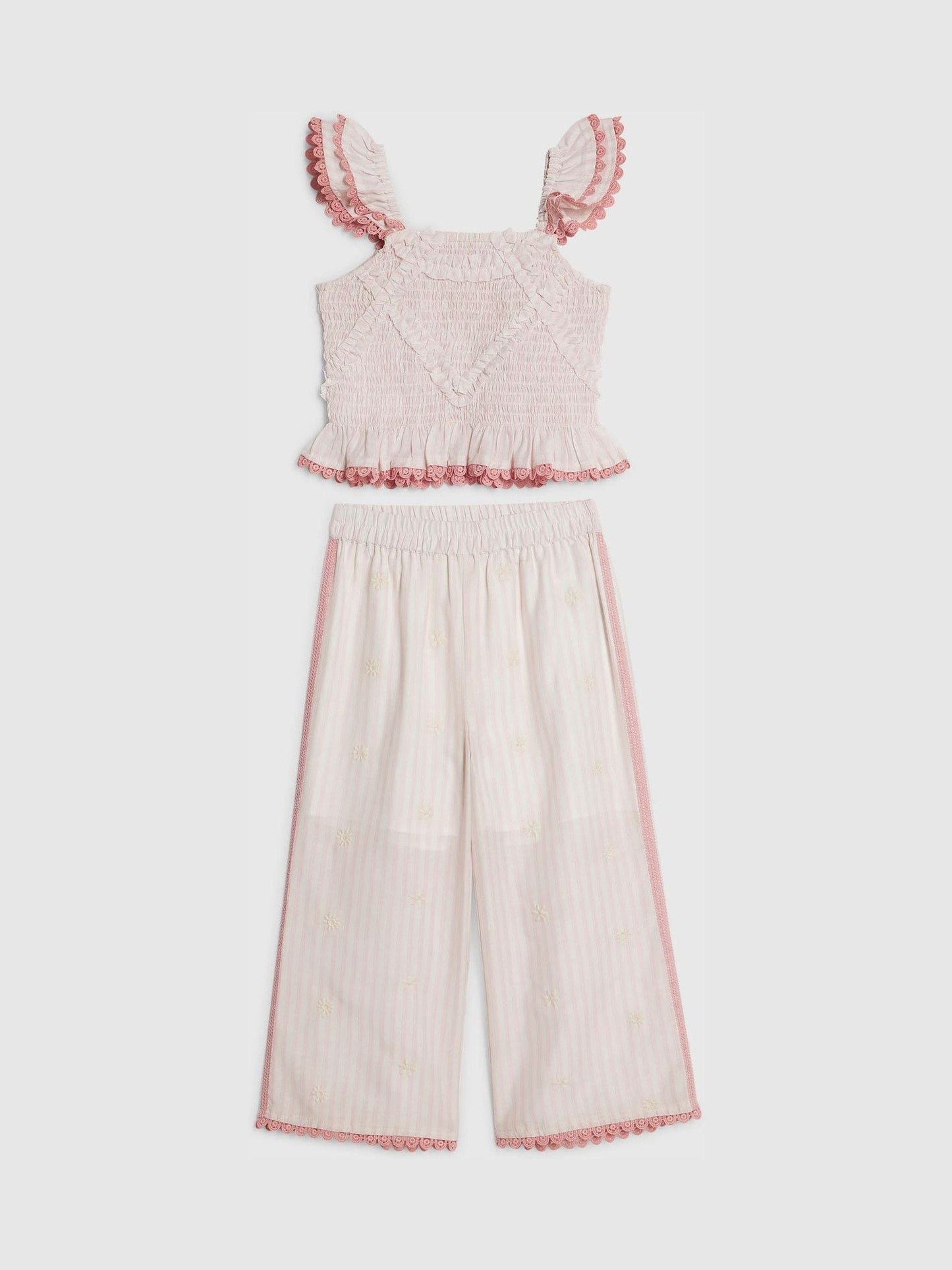 River Island Pink Stripe Frill Top & Frill Trousers Set image 1
